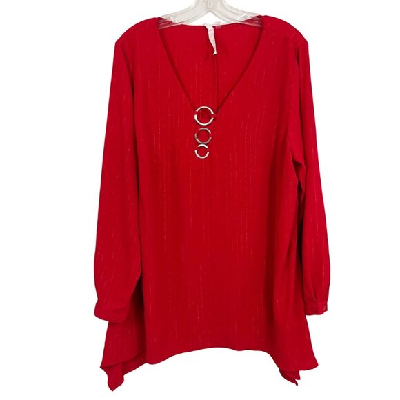 NY Collection Red Sparkle Long Sleeve Asymmetrical Hem Top Holiday Size 2X - Picture 1 of 6